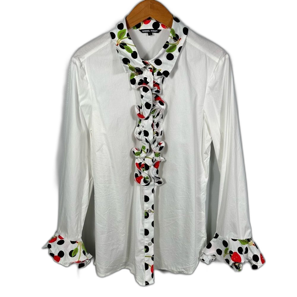 Samuel Dong Chic Cherry Polka Dot White Button-Up Ruffle Blouse Size Large Chic